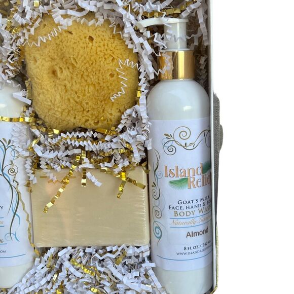 Island Relief Gift Set Goats Milk Lotion Body Wash Soap And Sponge - Almond NEW - Picture 5 of 9